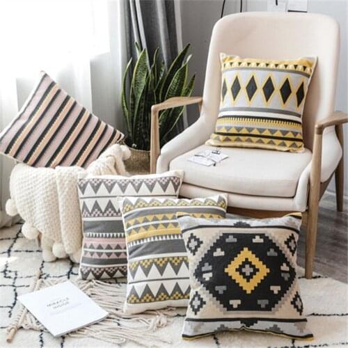 Pink Grey Home Decor Embroidered Cushion Cover Yellow Geometric Canvas Cotton Square Embroidery Pillow Cover 45x45cm Pillow Sham