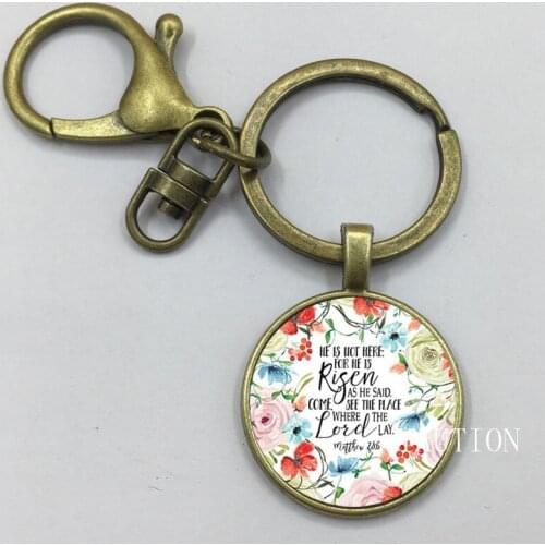 New Hes not here for He is risen Bible Verse Keychain Matthew 28:6 Bible Qupte Floral Glass Cabochon Pendant Keychain Gifts