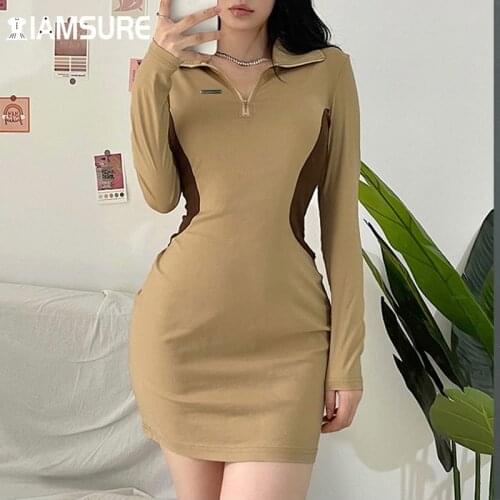IAMSURE Slim Patchwork Bodycon Dress Sexy Zipper Turn-Down Collar Long Sleeve Mini Dresses For Women 2021 Korean Style Ladies