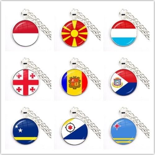 MCO,Macedonian,Luxembourg,Georgia,Andorra,Eilandgebied Sint Maarten,Curacao,Bonaire,Aruba Nation Flag Glass Pendant Necklace