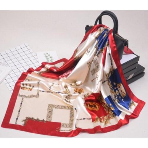 90*90cm Hijab Head Scarf Women Fashion Key Chain Print Square Scarves Spring Autumn Silk Scarves Printed Shawls