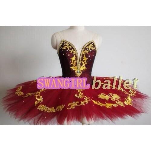 Sleep beauty ballet stage costumes red esmeralda professional tutus gold flowers girls pancake ballet tutu nutcracakerSB0033