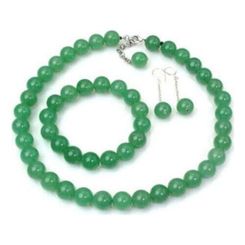 Pretty 8mm green jade gemstone bead necklace bracelet earring Sets 18" 7.5" AAA