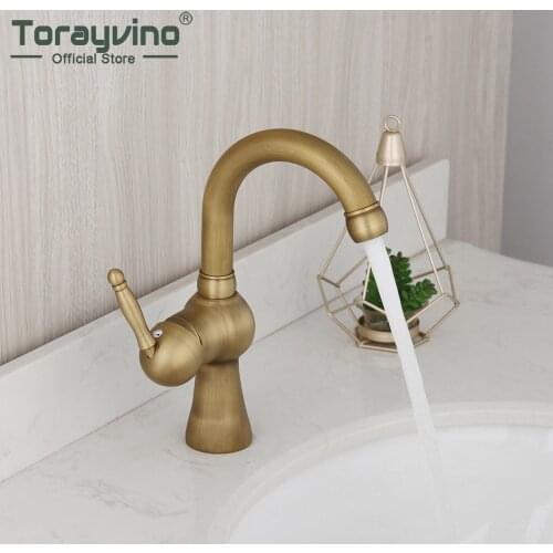 Torayvino Antique Brass Bathroom Faucet Basin Sink Single Handle Deck Mounted Bathtub Faucet Washbasin Hot And Cold Water Tap