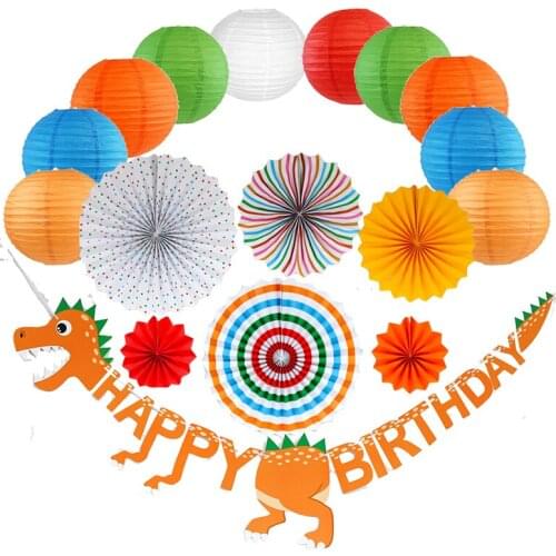 Birthday Jungle Party Decor Set Dinosaur Garland Coloful Paper Fan Flower（6pcs）with 10 Colorful 10inch Paper Lantern for Hanging