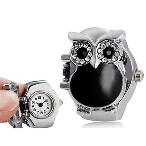 Women Girl Shiny Rhinestone Owl Case Stainless Steel Elastic Finger Ring Watch hot