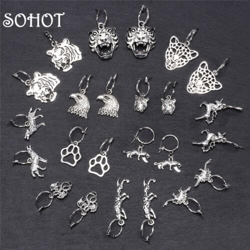 SOHOT Punk Silver Color Leopard Tiger Head Dinosaur Hawk Wolf Pendant Women Men Hoop Earrings Unisex Animal Jewelry
