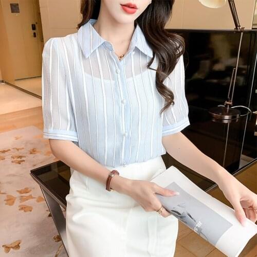 Ladies 2021 New Two Piece Set Light blue Stripe Women Chiffon Shirts Sling Tops Summer Half Sleeve Loose Polo-Neck Casual Blouse