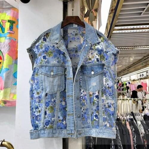 Womens Summer Vest New Heavy Embroidery Sequins Stitching Thin Do The Old Denim Waistcoat Loose Street Sun Protection Coat
