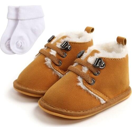 Winter PU Toddler Baby Shoes Sneakers Soft Cotton Warm Plush Solid Anti Slip Newborn Baby Boy Girl Shoes + 1 Pair Socks