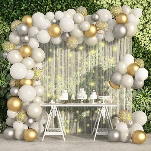 Gold White Balloon Garland Arch Kit Backdrop Silver Metallic Confetti Latex Balloons Baby Shower Wedding Birthday Party Decor