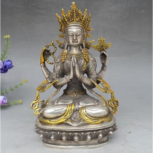 8" bronze silver plating painting kwan-yin Shadakshari Avalokitesvara