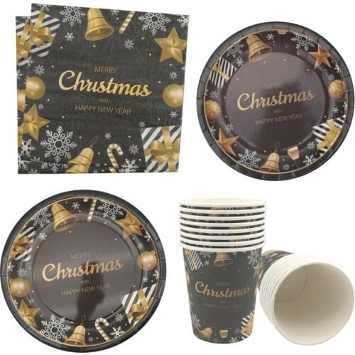 8Pcs 2022 Happy New Year Merry Christmas Party Decoration Paper Cup Plate Napkin Disposable Tableware For Home Party Supplies
