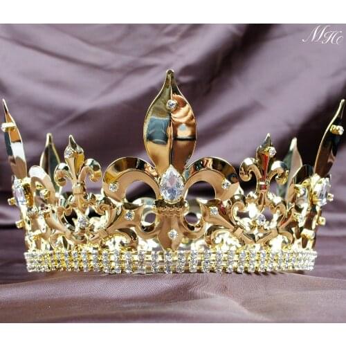 US King Imperial Medieval Large Crystal Crowns and Tiaras Full Rould Gold Diadem For Men Pageant Party Costumes Hair Jewelry