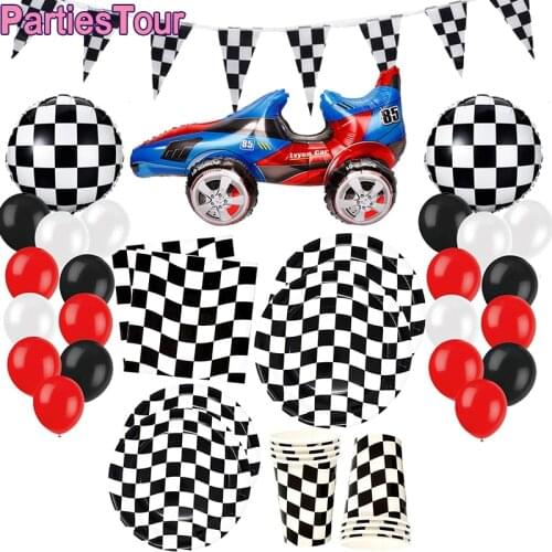 Black and White Checkered Racing Party Supplies Tableware Car Ballon Checkered Flag Banner Sports Racecar Themed Birthday Decor