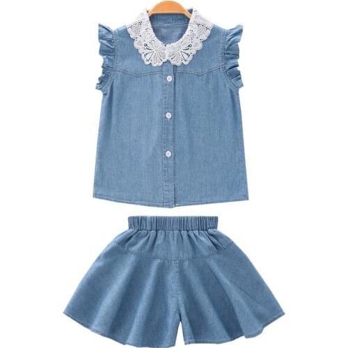 Kids Girls Lace Denim T Shirt and Shorts Two-Piece-Set 4 5 6 7 8 9 10 11 12 13 14 Years Old Blue Childrens Summer Suits