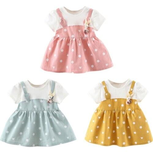 2021 Summer Baby Girl Princess Dress Fake 2 Piece Toddler Dot Pattern Short Sleeve Cotton Sundress Dresses