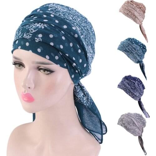 Ethnic Turban Head Wrap Scarf Hat Women Africa Shawl Hair Cover Bohemian Polka Dot Printed Bonnet Muslim Knot Cap Head Cover