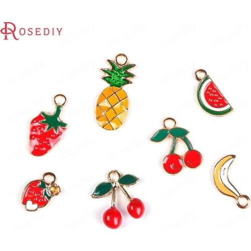 F501)20 pieces Alloy Painting Color Watermelon Cherry Pineapple Strawberry Banana Fruit Charms Jewelry Findings Accessories