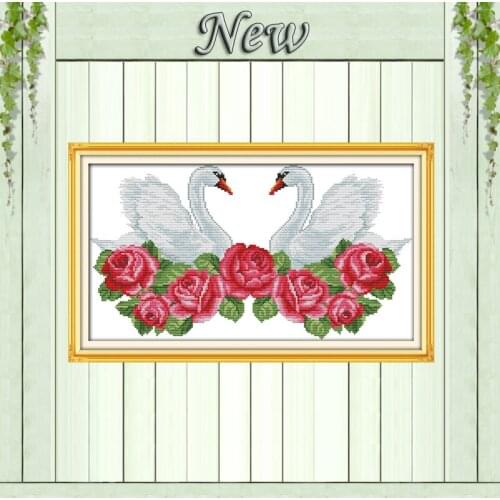 Heart matched swan rose flower painting counted print on canvas DMC 14CT 11CT chinese Cross Stitch Needlework Set Embroider kits