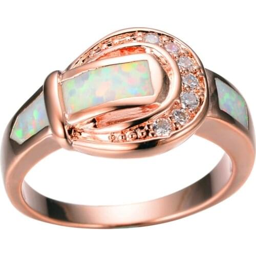 Bamos Unique Design White Fire Opal Finger Ring Rose Gold Filled Engagement Rings For Women Fashion Jewelry Bridesmaid Gift