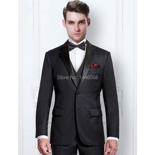 Custom Suit Slim Fit Groomsman Formal Wedding Tuxedos Peak Lapel Black Men Wedding Dress Groom Suits Jacket+Pant+Vest+Bow