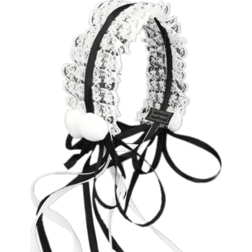 Girl Ruffle Lace Headband Long Tassel with Bow Furry Ball Hair Hoop Gorgeous Long Ribbon Sweet Anime Cosplay Accessories