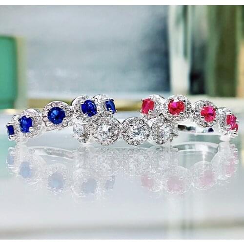 Trendy Gemstones Silver Ring Rose Red Blue Sapphire 925 Silver Aquamarine Ring For Women Cocktaill Engagement Jewelry