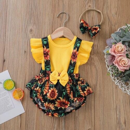 Muslin Clothes For Children Newborn Infant Baby Toddler Girl Clothes Floral Ribbed T Shirt Tops Suspender Shorts Outfits Set