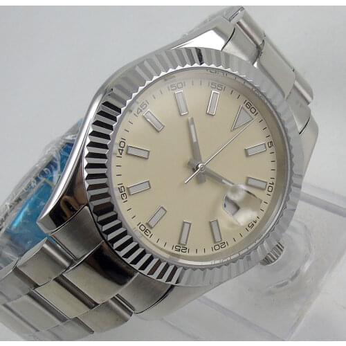 BLIGER Silver 39mm Selfwinding Men Watch Fluted Bezel Date Sterile Beige Dial Polished Bracelet Date Magnifier