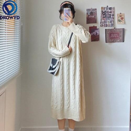 2021 Version of The New Autumn and Winter Long Loose and Thin Straight Knitted Dress Thick Twist Stretch Pullover Sweater Dress