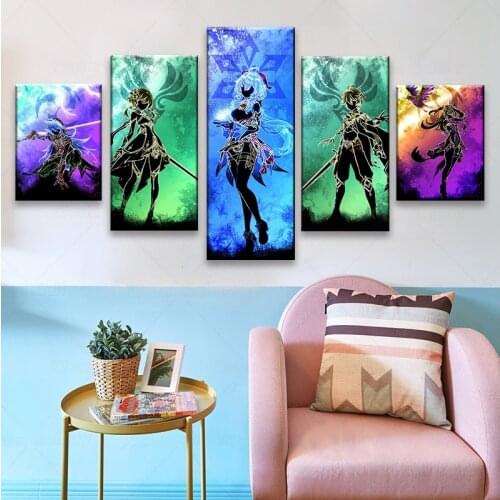 Genshin Impact Posters HD Game Poster Anime Girl 5 Piece Poster Sticker Home Decor Study Bedroom Bar Cafe Wall Painting