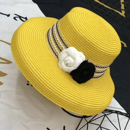 Retro elegance small fragrant wind camellia straw hat sunshade hat seaside holiday beach hat big brim female summer