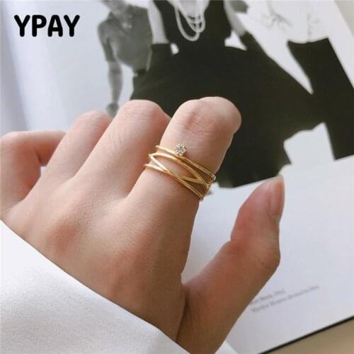 YPAY 100% Real 925 Sterling Silver Adjustable Rings for Women Korea Gold Multi-Lines Zircon Open Ring Fine Jewelry Gifts YMR926