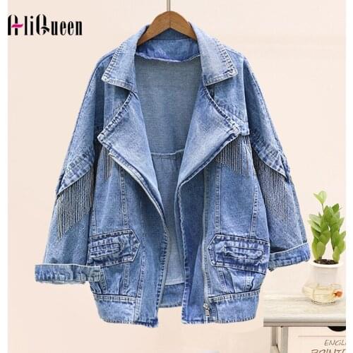 Streetwear Women Black Chain Tassel Jean Jacket Female Casual Notched Collar Zipper Feminino Vintage Loose Denim Jackets Coats