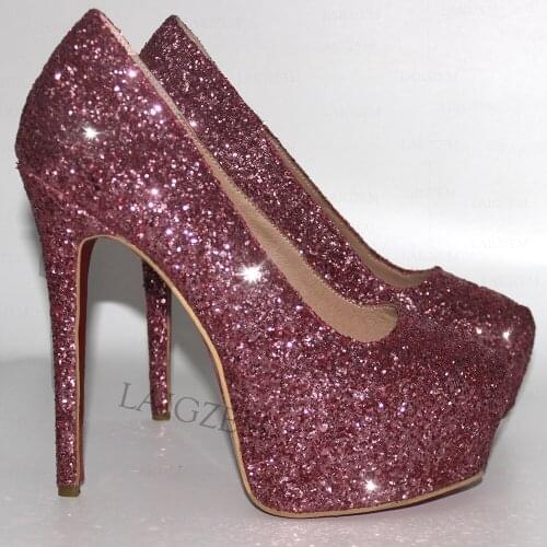 DOHBANER Women Heels BLING Sequined PINK Pumps Shinny High Heels Evening Party Club Shoes Woman Tacones Mujer Large Size 34-52