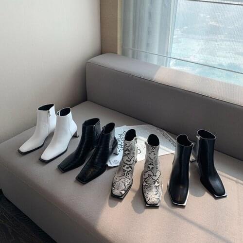 Fashion Women Ankle Boots Square Toe Short Boots Snake Printed Side Zipper Thick High Heels Winter Boots Woman Party Pumps 35-39