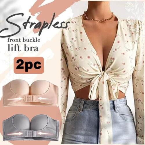 2PCS Gray & Beige Womens Bras Low Cut Strapless Non-Slip Adjustment Rimless Dress Bra