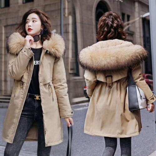 Women Parkas Winter Thicken Jacket Wool Liner Warm Long Hooded Fur Cotton Waist Drawstring Coat Female Plus Size Outerwear