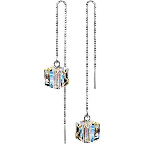 925 Sterling Silver Box Chain Crystal Square Charm Drop Earring For Women Girls Wedding Party Elegant Fashion Jewelry eh423