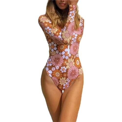 Women Long Sleeve Floral One-piece Swimsuit Fashion Zipper One-piece Swimsuit Stylish Bathing Suit Swimming pool Vacation Beach