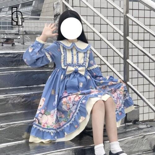 Women Cute Childlike Doll Party Print OP Lolita Long Sleeve Vintage Ruffle Dress Loose Kawaii Lolita Sweet Girl Tea Lolita Dress