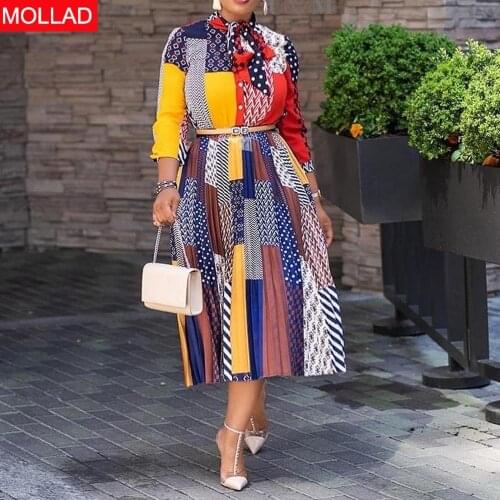 2021 AliExpress European and American African Tie Pleated Printed Dress for Women