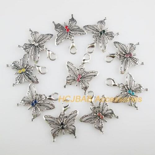 10 New Butterfly 21x27.5mm Charms Mixed Round Crystal Tibetan Silver Plated Retro With Lobster Claw Clasps