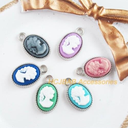 18 New Oval Charms Dull Silver Plated Retro Beauty Mixed Resin Pendants 13x21mm