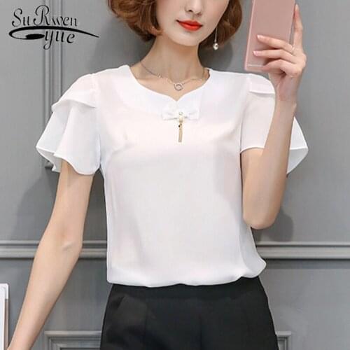 Camisas Mujer 2021 Summer Korean Style Short Sleeve Flounced Chiffon Shirt Bow Flare Sleeve Pullover Female Base Shirt 8688 50