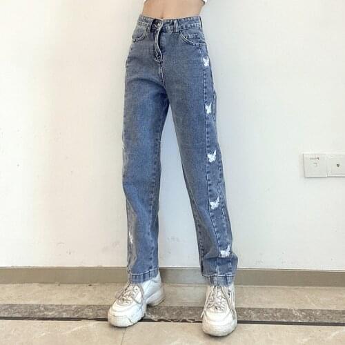Fashion Butterfly Pattern Straight Jeans Female High Waist Embroidered Casual Wild Denim Pants Fitting Washed Trousers