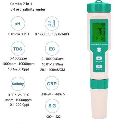 Water Quality Monitor Tester for Hydroponics/Aquariums/Pools/Drinking Water Digital pH Meter with PH/TDS/EC/ORP/SG/Salinity/Temp