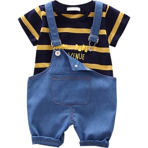 Summer New Baby Boys Clothing Sets Short Sleeve Stripe Girls Tops Blouse Shirt+Denim Suspender Pants Baby Casual Outfits