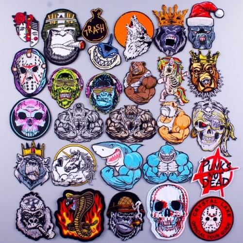 Punk Embroidered Patches For Clothing Iron On Strong Gorilla Patches Stripe For Clothes Appliques For T-shirt Badges Shark Patch